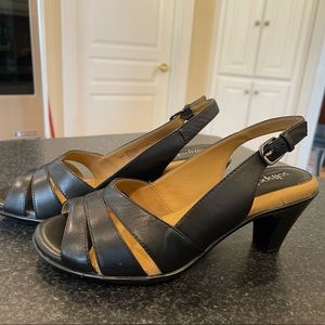 Softspots Black Leather Slingback Sandals - size 9WW - 3” heel, never worn